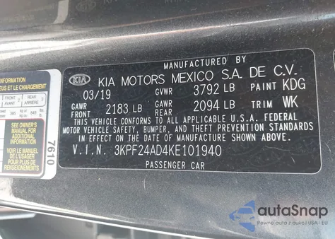 2019 Kia Forte Lxs from USA, damaged, VIN 3KPF24AD4KE101940